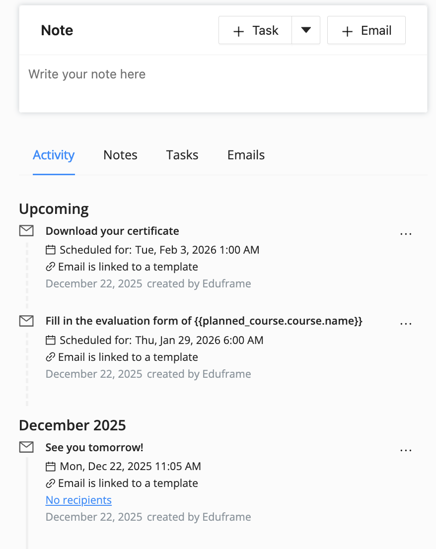 +email button to create a scheduled email on the timeline in Eduframe