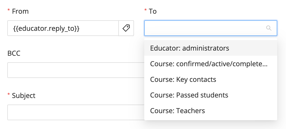 to field while setting up an email in Eduframe