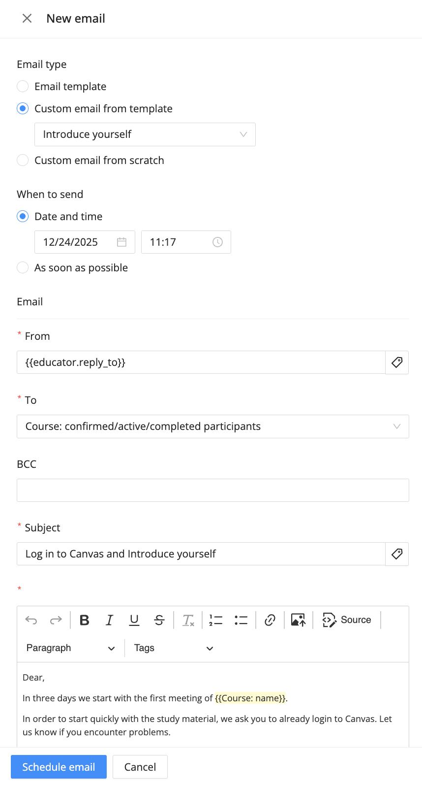 schedule an email on the timeline