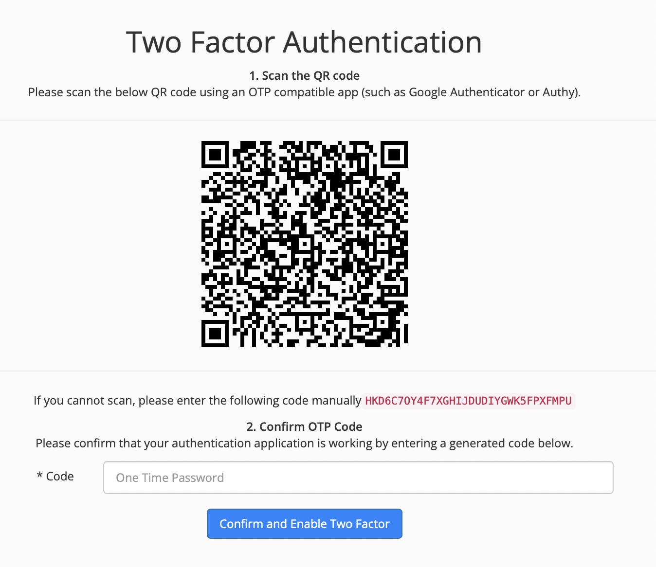 one time password code for two-factor authentication