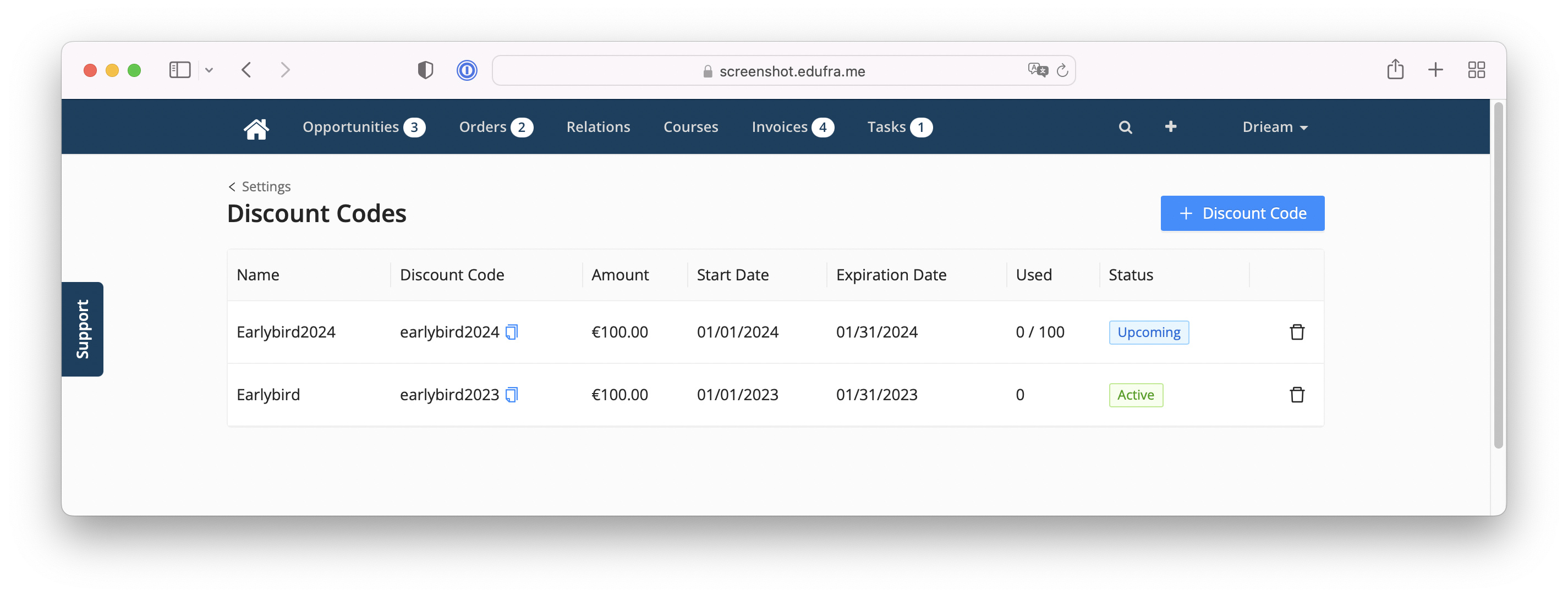 overview of (in)active discount codes in Eduframe