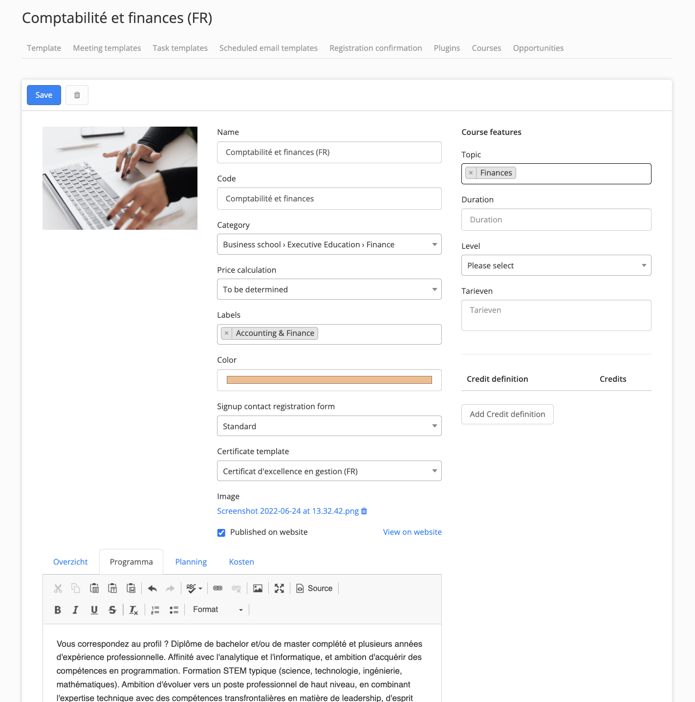 example french course template with french (custom) fields