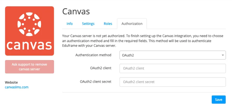 authorization tab of canvas plugin in Eduframe