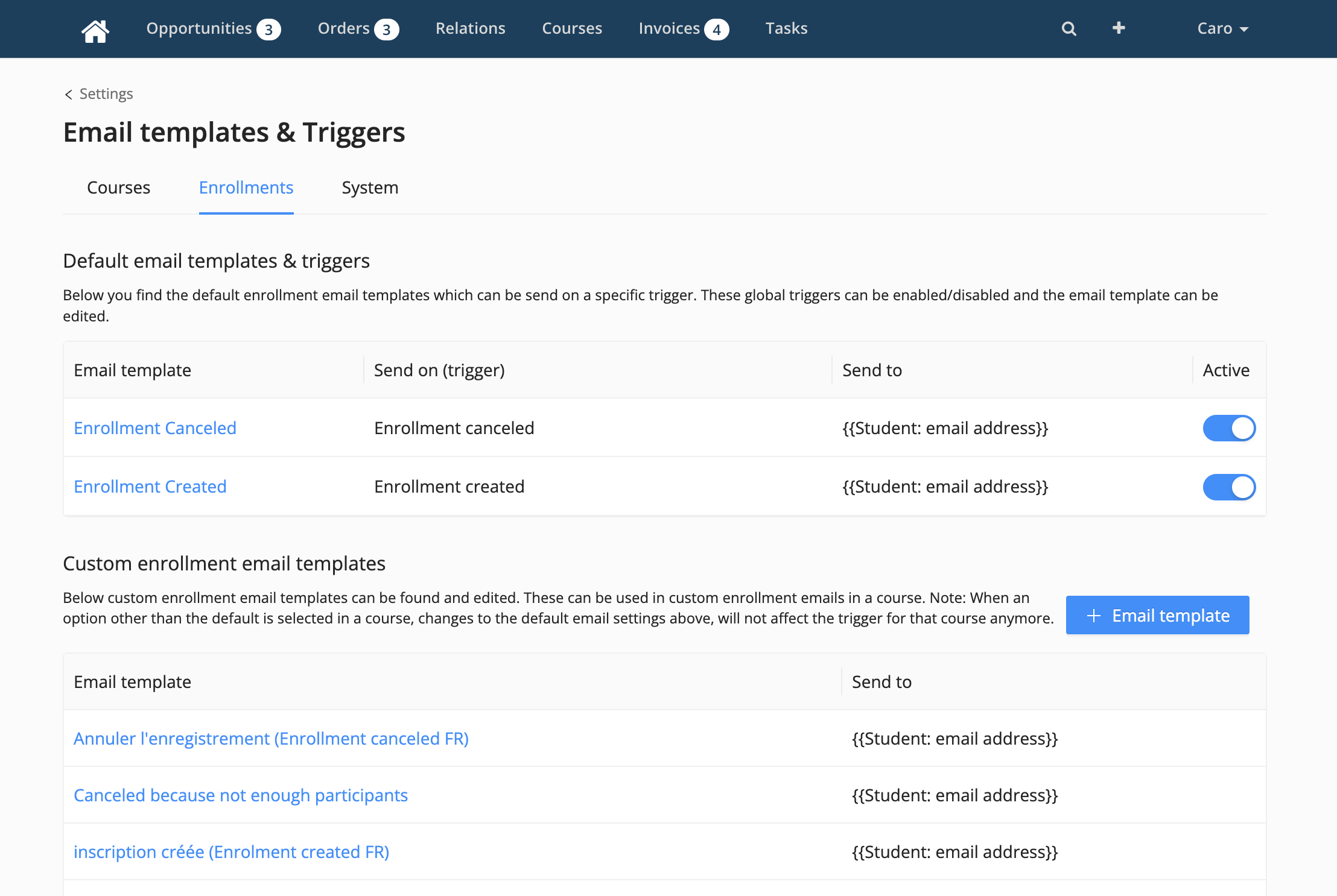 create enrollment emails in different languages
