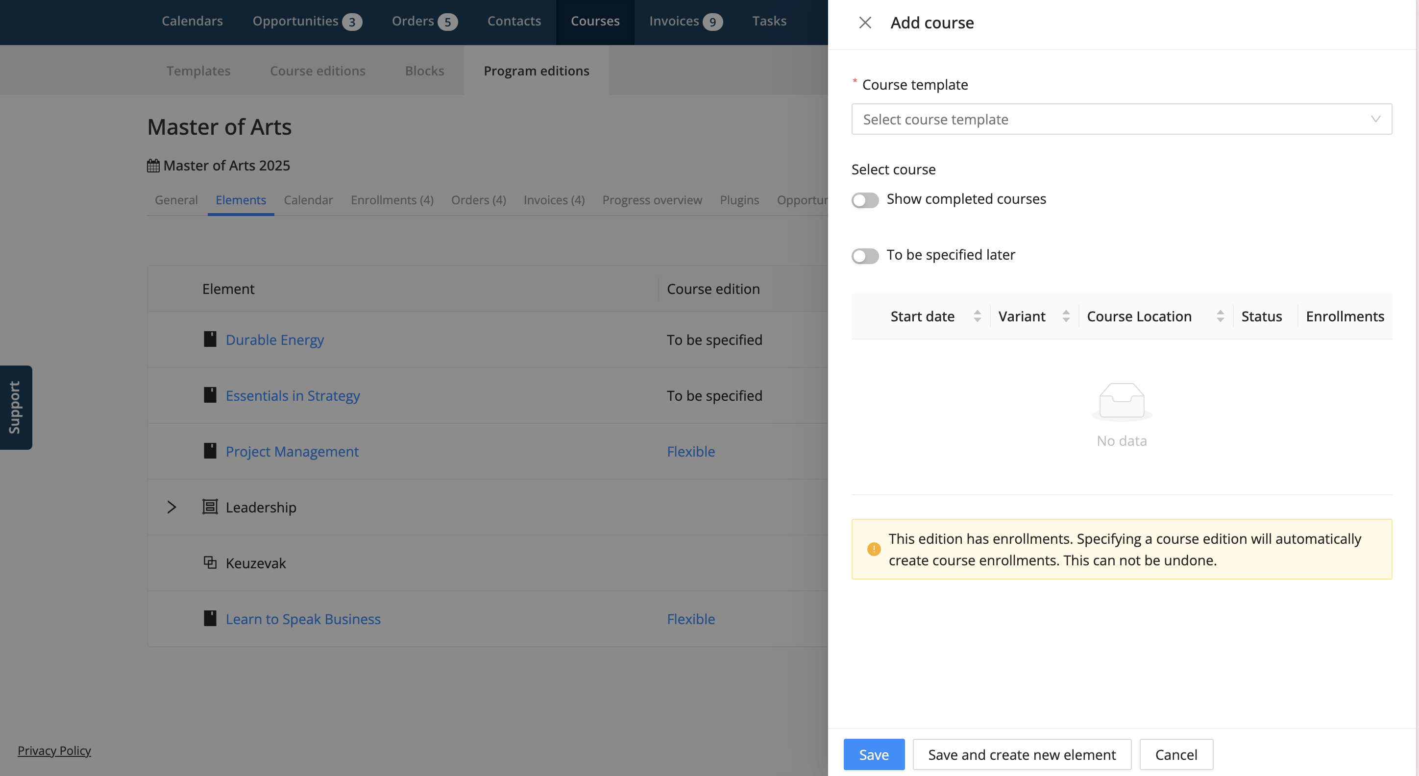 add elements or courses to a program edition in Eduframe