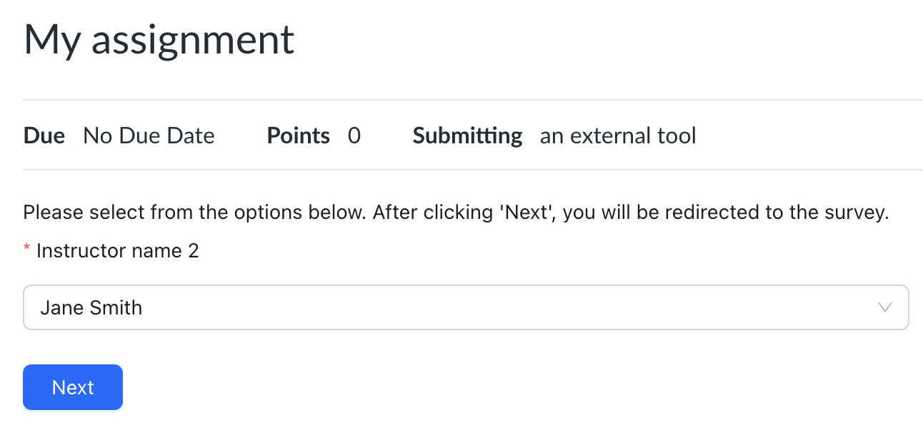 A screenshot of a created assignment in Canvas, viewed as a student, when a Student Selection data field is activated.
