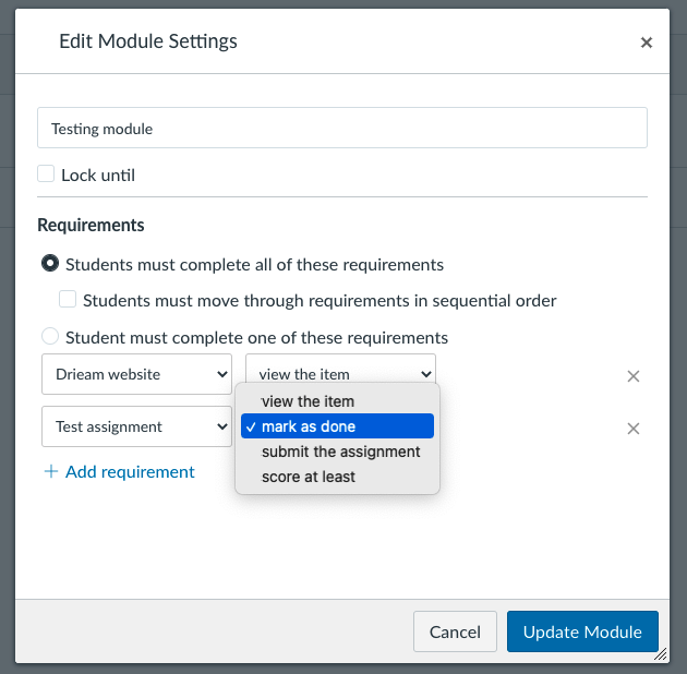 set module requirements for a course in Canvas