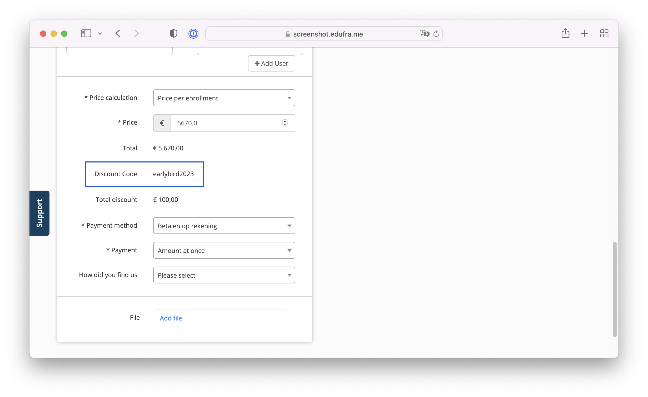 example of a discount code on an order in Eduframe