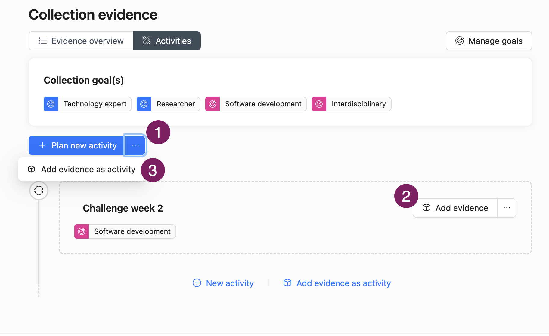 add activity and evidence.png Acitvity timeline with actions