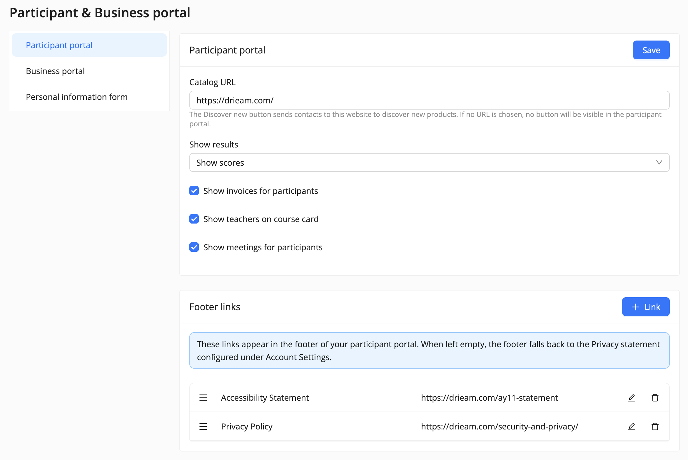 Participant portal settings in Eduframe