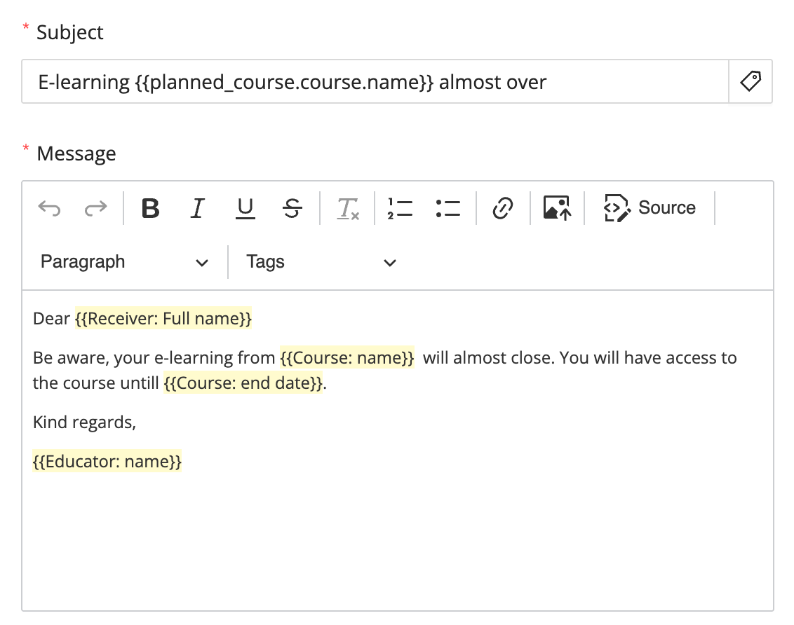 email tags in Edufram emails