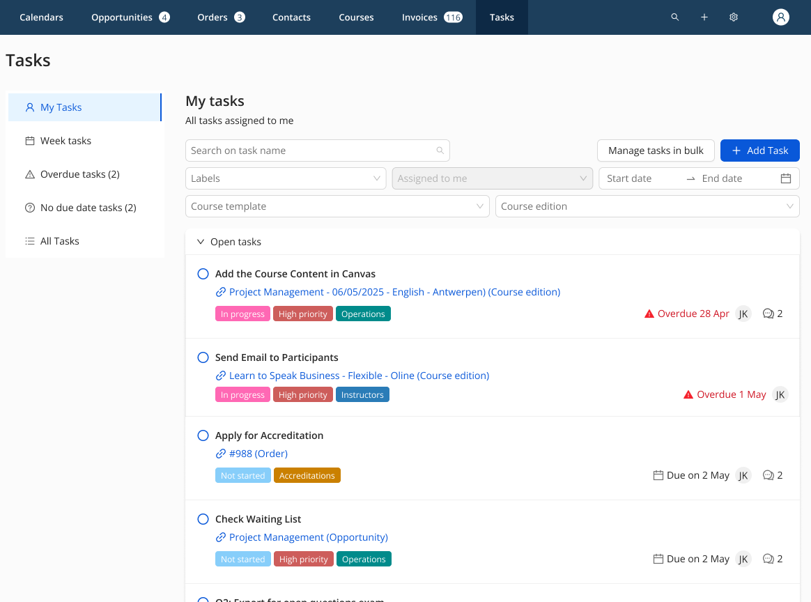task overview in Eduframe
