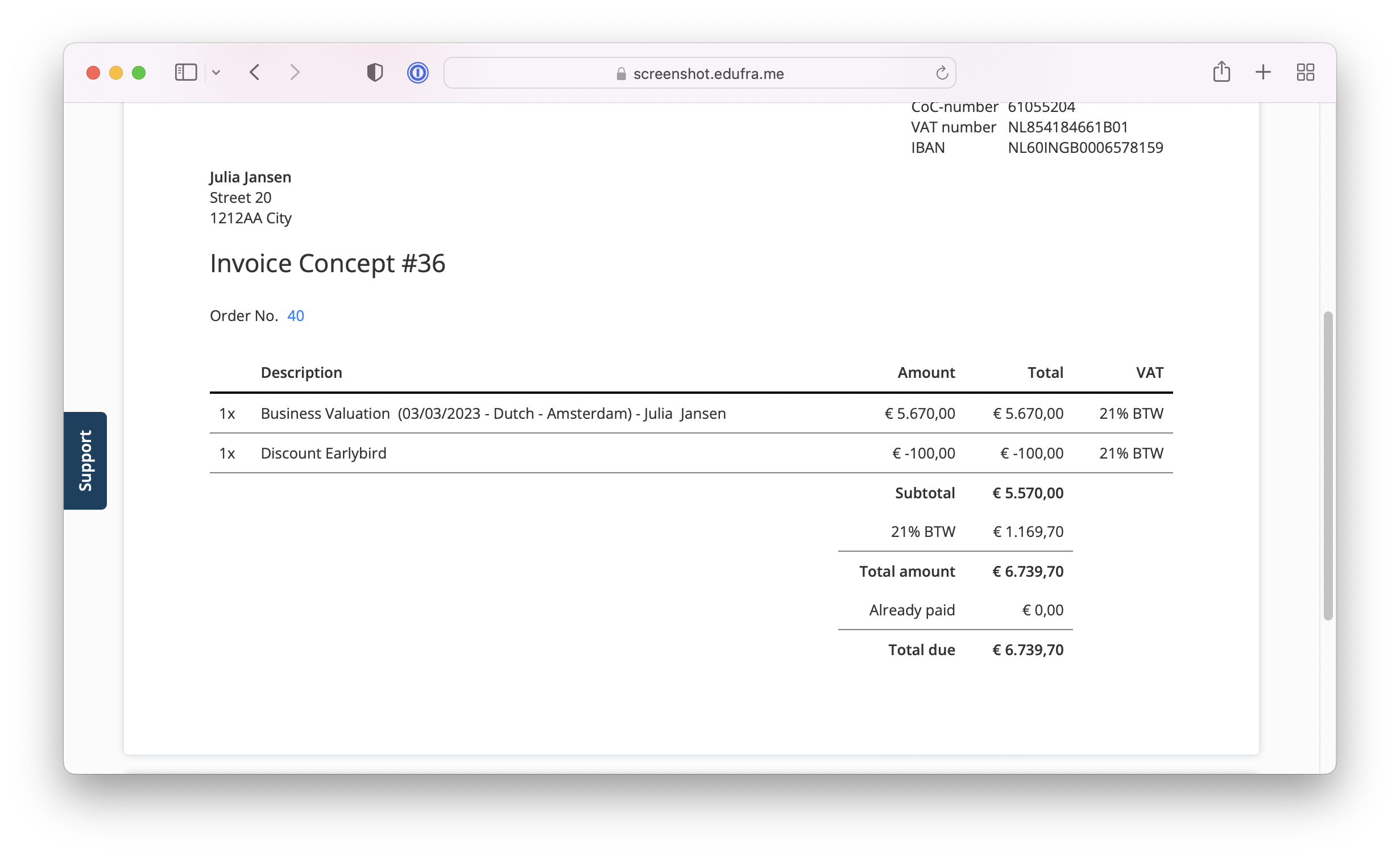 discount code as a separate line on the invoice in Eduframe