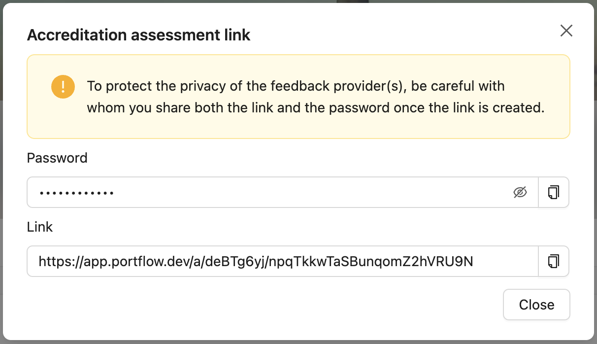 view link and password.png Assessment link and password popup