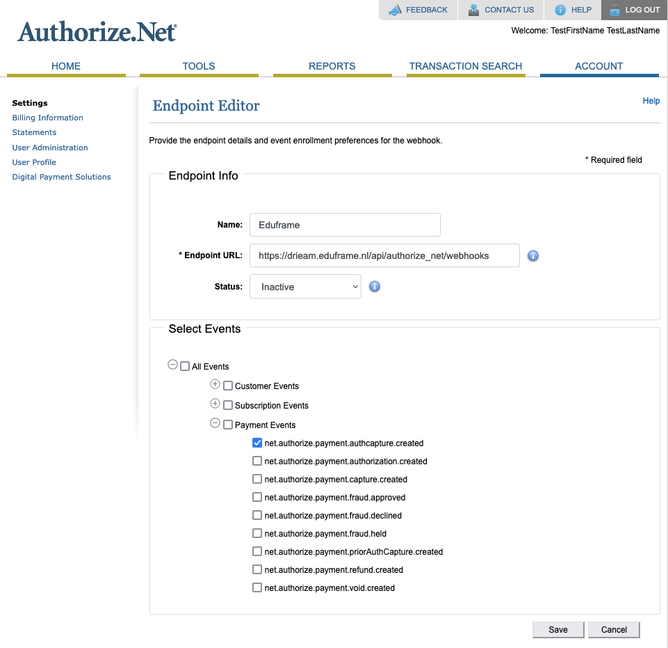 authorize.net endpoint editor