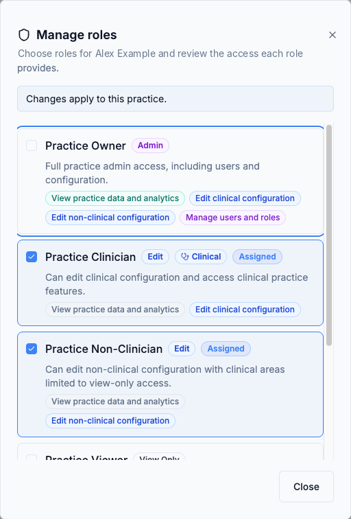 The Manage roles dialog