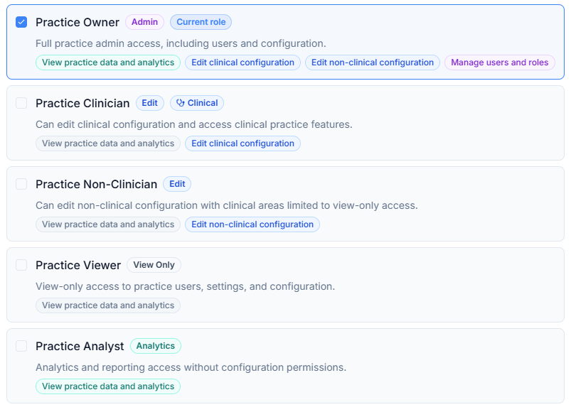 The five practice roles in the Practice Portal